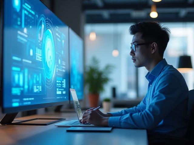 데스크톱과 태블릿을 앞에 두고 교육 콘텐츠를 설계하는 전문 교육 공학 디자이너의 모습